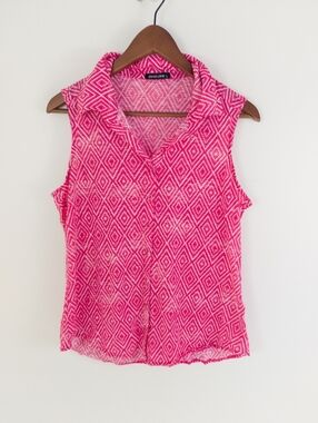 David Cline Pink Geometric Sleeveless Collared Camisole Peony Size Large